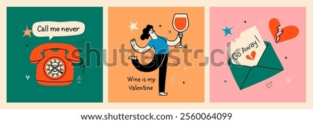 Set of broken heart stickers. Anti-valentine day. Heart, tears, parting, sadness, wine, cigarettes. Doodle style clipart. Colored Vector.