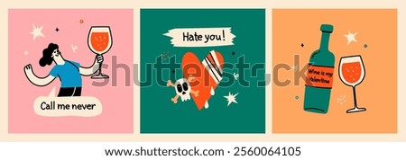 Set of broken heart stickers. Anti-valentine day. Heart, tears, parting, sadness, wine. Doodle style clipart. Colored Vector.