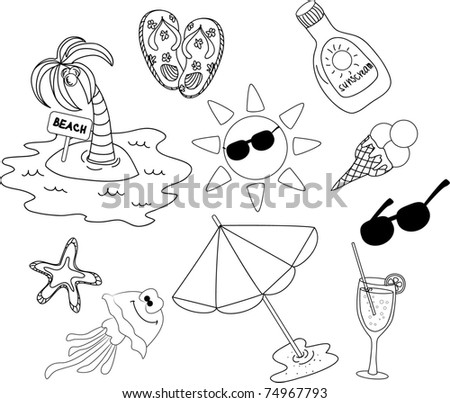 Beach Icon Set, Black And White Coloring Stock Vector Illustration ...