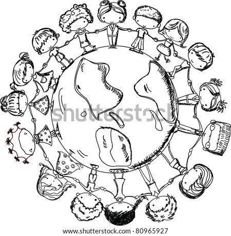 Cute Children Holding Hands Around The Globe, Black And White Cartoon ...