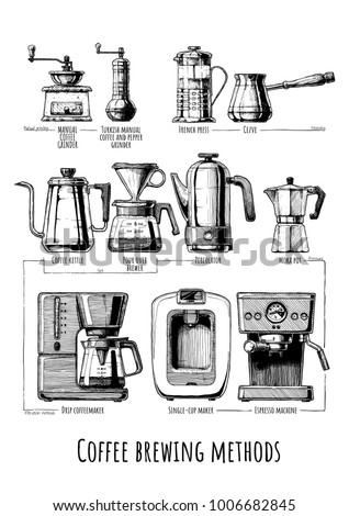 Poster with coffee brewing methods infographic. Set of coffeemakers and coffee machines in vintage hand drawn style.