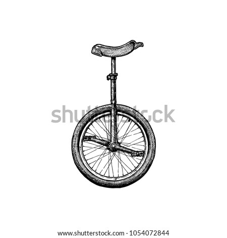 Vector ink hand drawn illustration of unicycle in vintage engraved style.