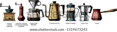 Vector color illustration set of coffee preparation. 7 objects included: Manual and turkish grinder, Pour over brewer, kettle, French press, Moka pot, Cezve