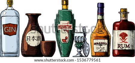 Vector set of bottles of alcohol in ink hand drawn style. Distilled beverage. Gin, sake, absinthe, brandy, rum. inscription on the bottle in Japanese: nihonshu (日本酒, 'Japanese liquor') ストックフォト © 