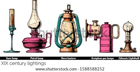 Vector hand drawn illustration of XIX century lightings evolution. Auer lamp with gas mantle, Barn lantern, kerosene and carbide lamps, Edison Light bulb. Isolated on white background.  
