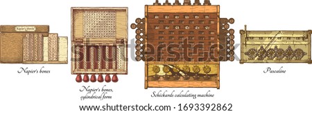 Vector hand drawn illustration of mechanical calculators history. XVII Century. Napier’s bones and cylindrical form calculating tables, Schickard's calculating machine, Pascaline.