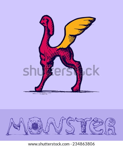Illustration of  a font made of monsters stylized as engraving. Letter k Stock fotó © 