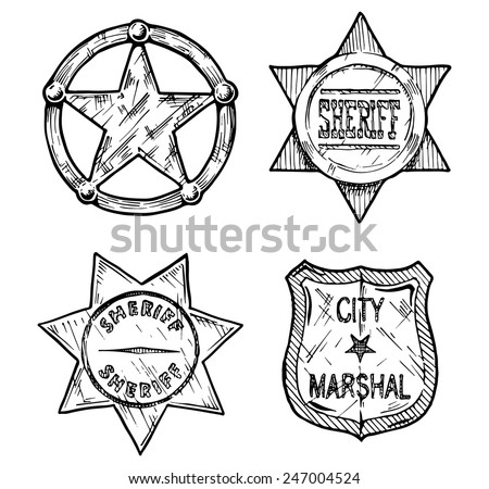 Vintage sheriff and marshal badges set stylized as engraving.