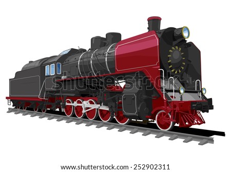 illustration of a old steam locomotive isolated on white background. Solid fill only, no gradients.