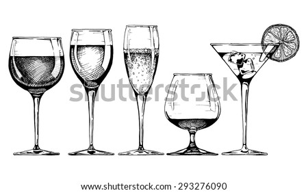 Vector set of glasses goblets in ink hand drawn style. isolated on white.