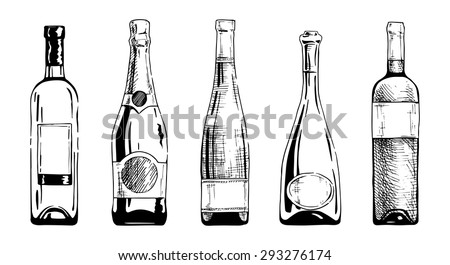 Vector set of wine and champagne bottles in ink hand drawn style. isolated on white.