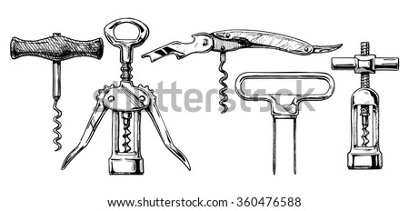 Vector hand drawn sketch of corkscrew set in ink hand drawn style. 