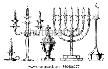 Vector hand drawn sketch of candlesticks set in ink hand drawn style.