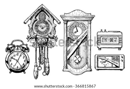 Vector hand drawn sketch of old clocks set in ink hand drawn style. Alarm, Cuckoo, pendulum, digital alarm  and radioclock. 