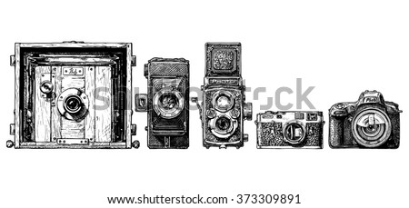 Vector sketch of photo cameras evolution set in ink hand drawn style.  view, folding, TLR, rangefinder, SLR. 