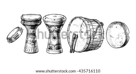 Vector hand drawn set of Middle Eastern Percussion Instruments. Riq,
turkish darabuka, egyptian tabla, davul and daf. 
