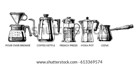 Vector hand drawn illustration set of coffee preparation. Pour over brewer, coffee kettle, french press, moka pot and cezve.