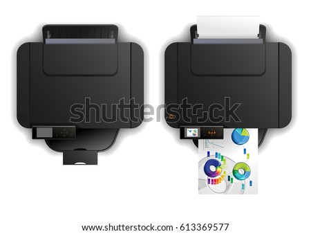 Vector color illustration of multi-functional Inkjet printing isolated on white background. top view. Solid fill only, no gradients.