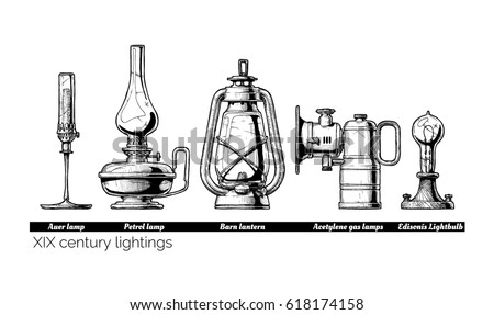 Vector hand drawn illustration of XIX century lightings evolution. Auer lamp with gas mantle, Barn lantern, kerosene and carbide lamps, Edison Light bulb. Isolated on white background.  