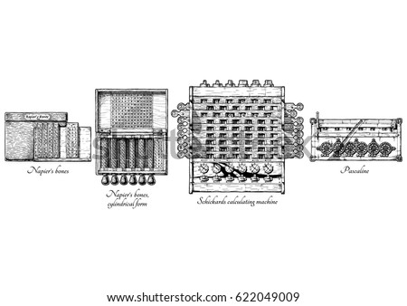 Vector hand drawn illustration of mechanical calculators history. XVII Century. Napier’s bones and cylindrical form calculating tables, Schickard's calculating machine, Pascaline.