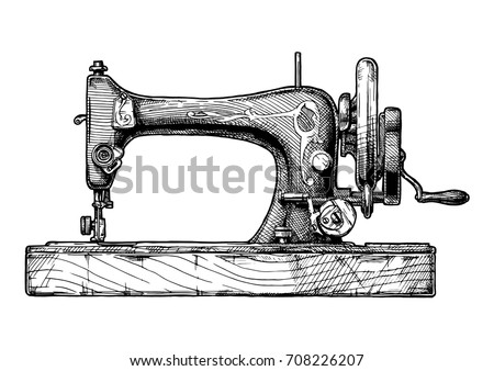 Vector hand drawn illustration of the vintage sewing machine. isolated on white background. Side view.