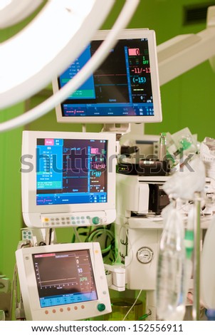 anaesthesiolog monitors in operation surgery room with green lights on