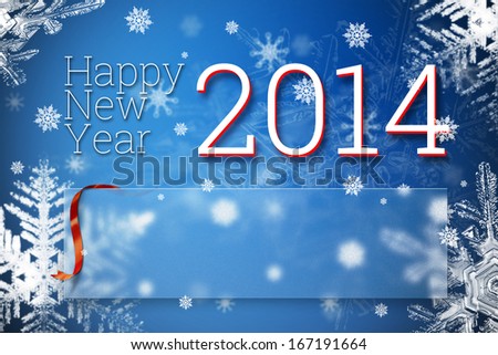Happy new year 2014 greeting card with your text empty space, red ribbon and lot of snow flakes template