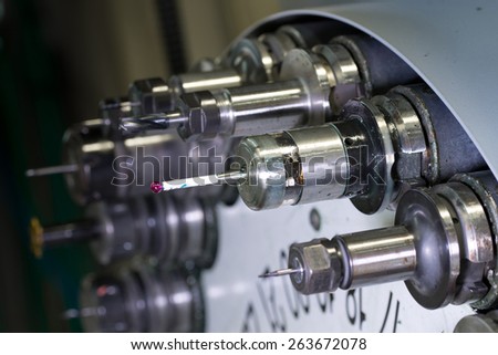 Rotating head with drilling machine bits and tools in a high precision mechanics plant at CNC lathe in workshop