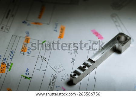 Ready CNC metal detail on technical drawing sketch with measures