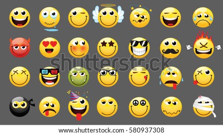 Emoticons or smileys icon set for web. Happy, sad, angry, in love faces of emoticon.Smiley face  simple set with facial expressions isolated in white background. Vector illustration template.