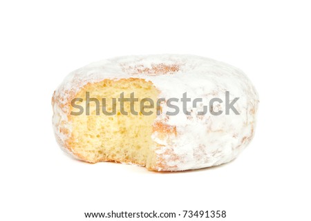 Powdered Sugar Donut with Bite Missing Isolated on a White Background