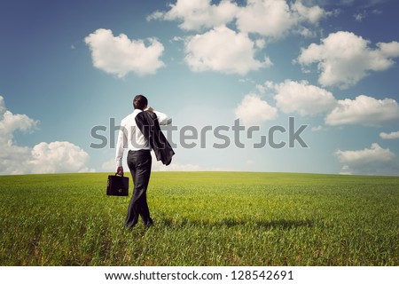 businessman in a suit with a briefcase walking on a spacious green field with a blue sky