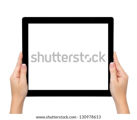 isolated female hands hold longer banner computer tablet or frame