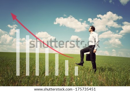 businessman with briefcase in the field with green grass and blue sky rises on the chart with red arrow up