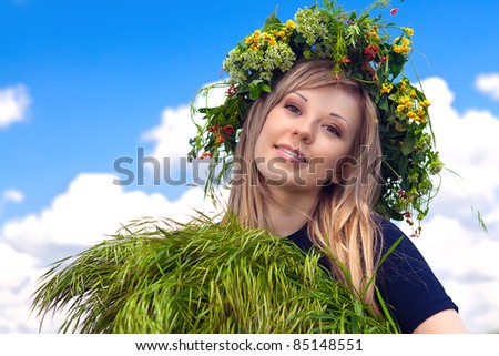 series a portrait of the beautiful girl in a wreath which reaps a crop in the field