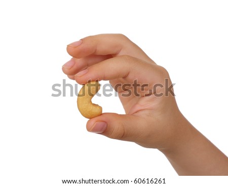 Child\'s hand holding a whole roasted salted cashew nut, isolated on pure white background