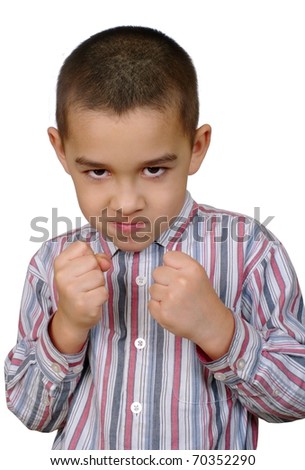 Six Year Old Hispanic Boy With Fists Raised Ready To Fight, Isolated On ...