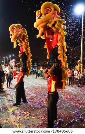 TAMSUI,TAIWAN - June 3 : The folk-custom acrobatics in the temple fair of township in night on June 3,2014 in Tamsui,Taipei,Taiwan. The fair held  annually on chinese lunar date of sixth in May.
