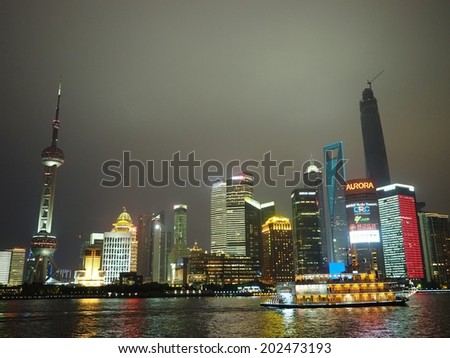 SHANGHAI, CHINA - MAY 18: The Pudong skyline by night viewed from the Bund on May 18, 2014 in Shanghai, China.