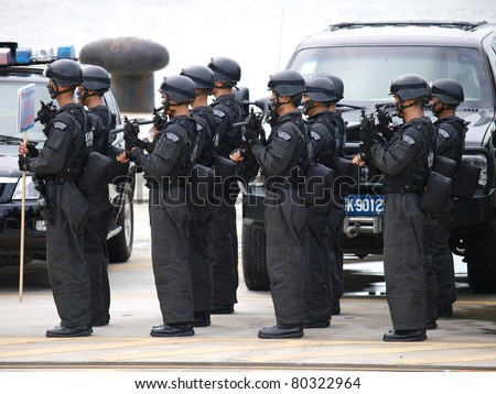 TAIPEI, TAIWAN - JUNE 29: The 2011 Jinhua exercise at the Port of Taipei on June 29,2011 in Bali,Taipei,Taiwan. A large anti-terrorism and disaster-response drill was staged at Taipei\'s port.