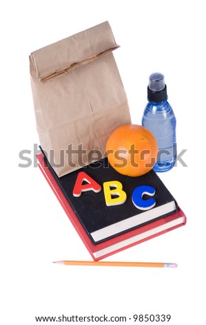 A brown bag school lunch, with fruit and water