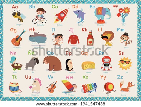 Lovely poster children's alphabet with letters and drawings in Spanish.