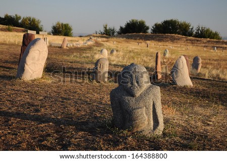 Historical stone sculptures a near Old Burana tower located on famous Silk road, Kyrgyzstan