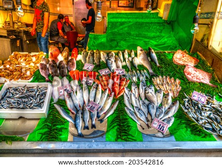 ISTANBUL, TURKEY - MAY 20 : Grand Bazar area on May 20, 2013 in Istanbul, Turkey. Fresh fishes exposed in many traditional shops over there. HDR processed.