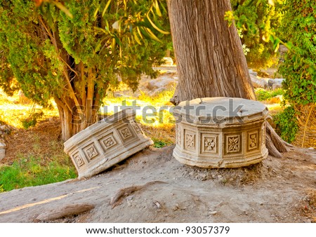 two pieces of ancient columns in the center of Kos town in Kos island in Greece