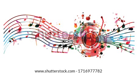 Colorful music background with music notes and vinyl record disc isolated vector illustration design. Artistic music festival poster, events, party flyer, music notes signs and symbols