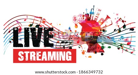 Colorful music promotional poster background with musical notes and instruments isolated vector illustration. Live streaming banner for music festivals, shows and concert events