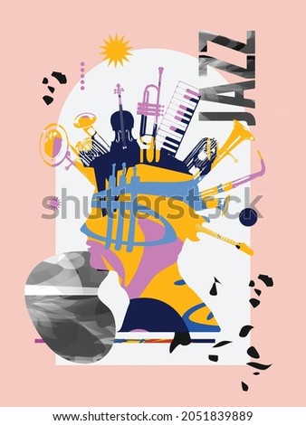Musical poster design with musical instruments, live concert events, jazz music festivals and shows, party flyer. Musical promotional cover, colorful vector illustration, musical brochure, card