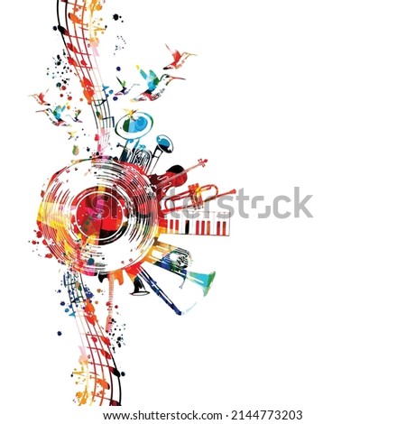 Colorful musical promotional poster with musical instruments and notes isolated vector illustration. Artistic playful design with vinyl disc for concert events, music festivals and shows, party flyer	