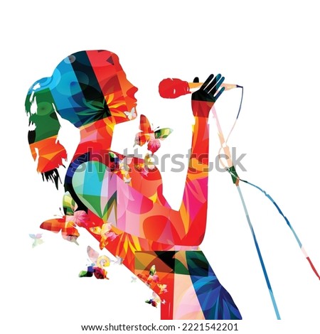 Band vocalist silhouette singing to microphone. Female singer in intense colors isolated. Vector illustration for live performance and concert events. Music festival, karaoke, and talent show poster